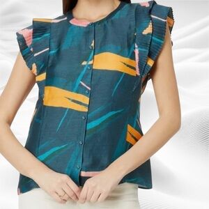 NWT Vineyard‎ Vines 3X Flutter Sleeve Pintuck Top Tropical Abstract Blue